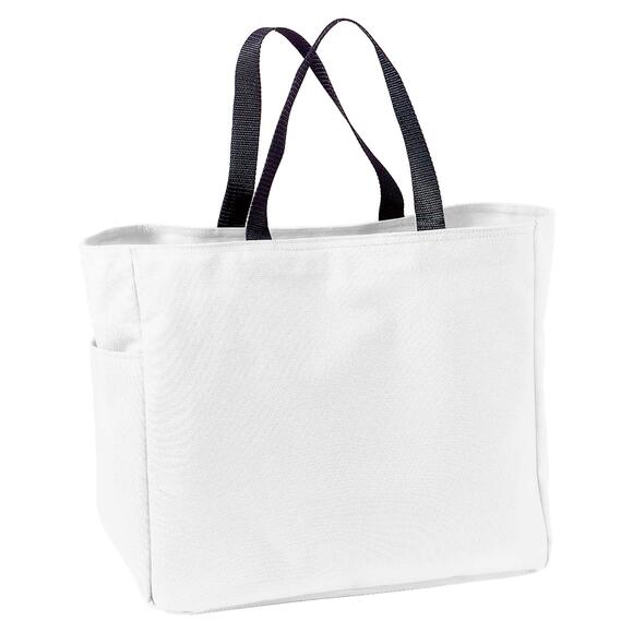 PORT AUTHORITY POLYESTER WHITE TOTE WITH SIDE POCKET AND BLACK NYLON HANDLES - Picture 1 of 2